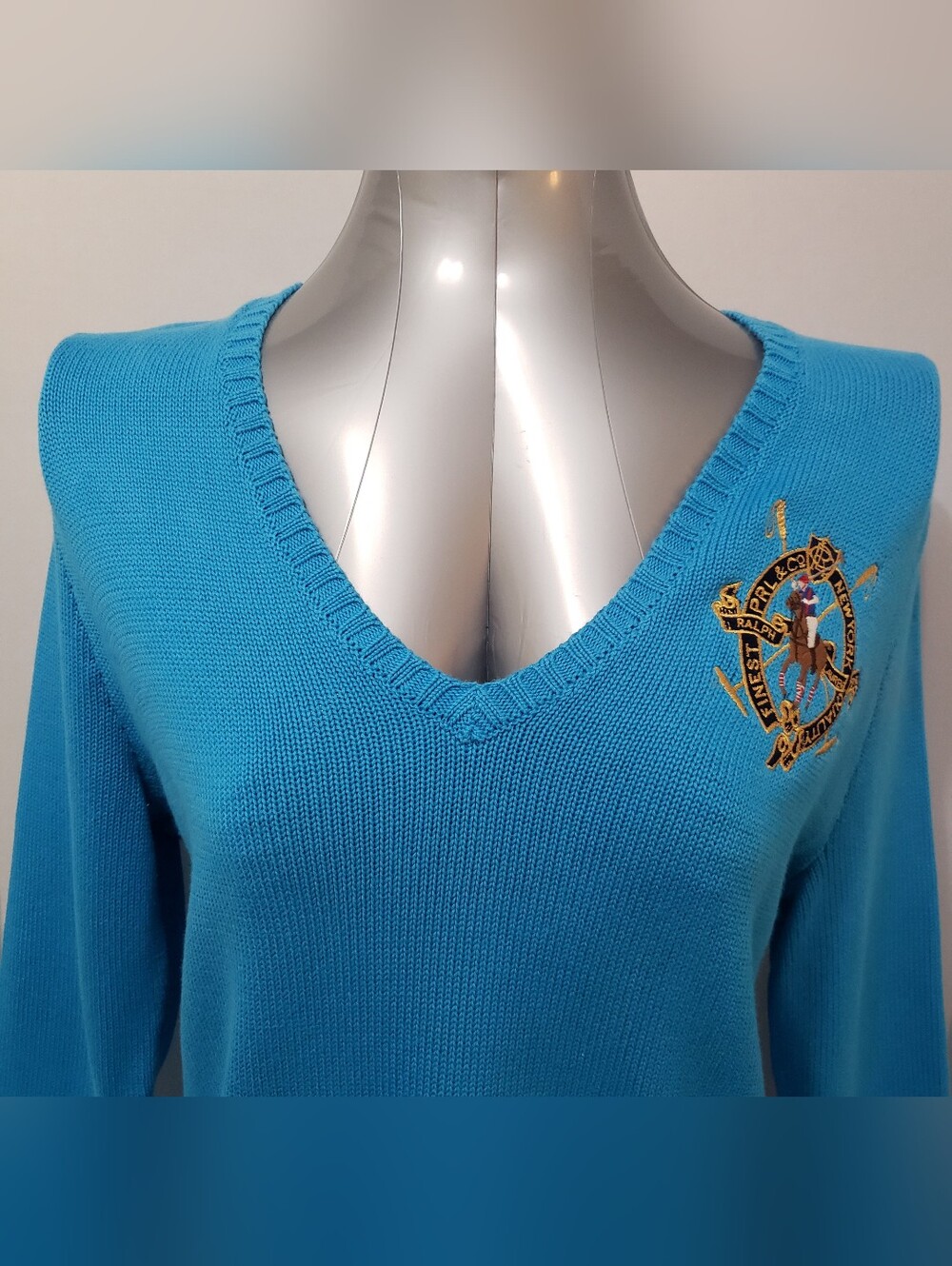 Ralph Lauren Sport Blue Cotton V-Neck Sweater with Embroidered Crest XL Vintage
